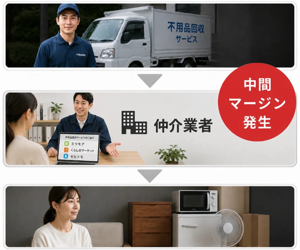 一般的な回収業者は仲介業者を挟むため中間マージンが発生する仕組み