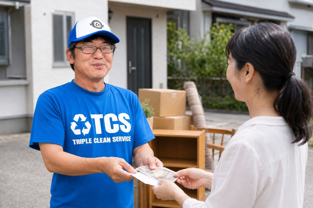 不用品回収の後、お客様から現金、カード、お振込みにて