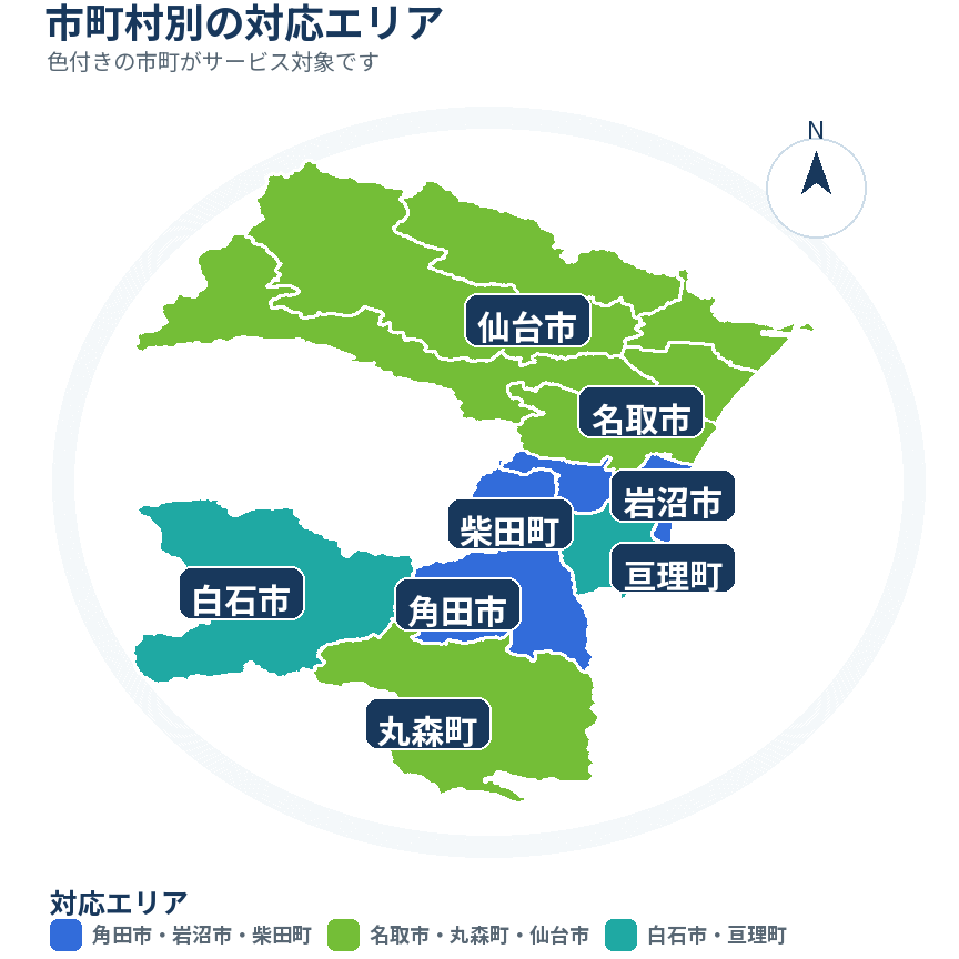 角田市を中心とした宮城県の対応エリア