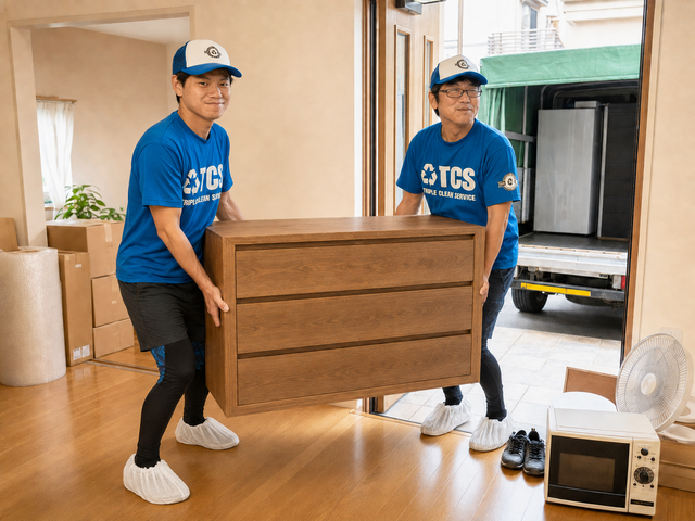 名取市の引っ越し・大量処分で大型タンスを回収するスタッフ