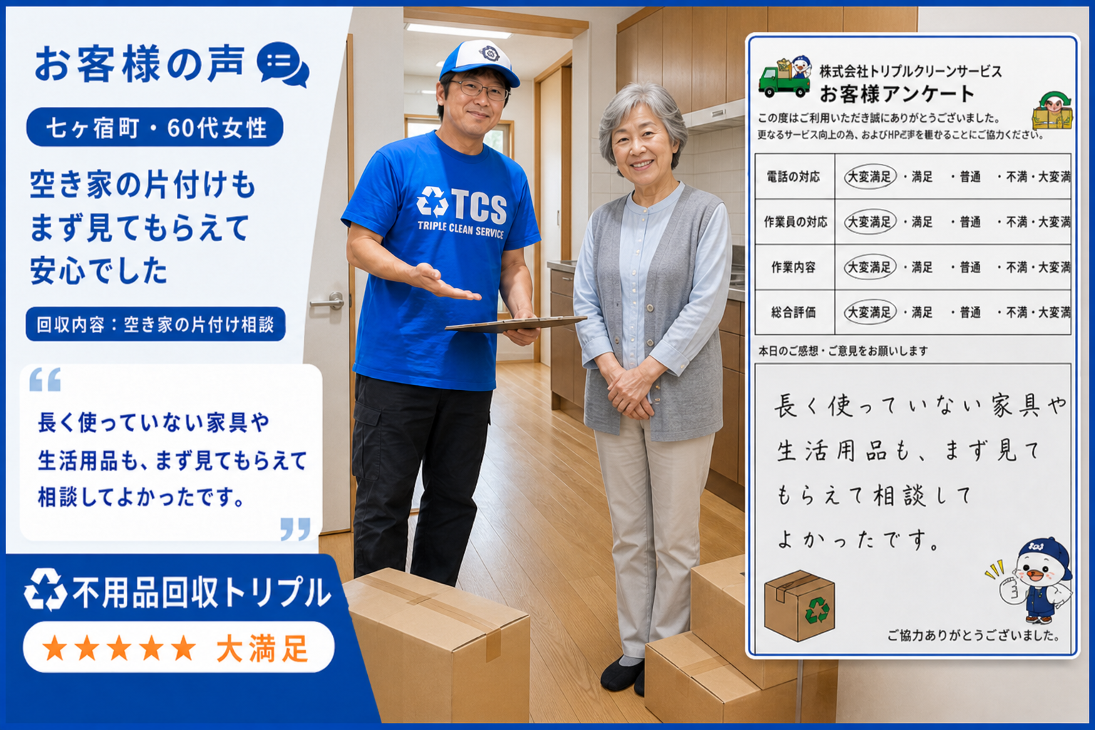 七ヶ宿町・60代女性のお客様アンケート（空き家の片付け相談）